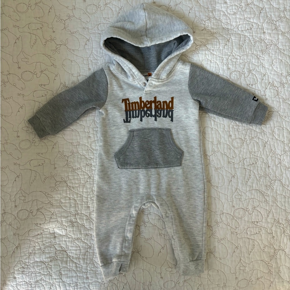 Timberland One Piece Hooded Infant 6-9M Coverall in Grey w/ Snap-Button Gusset